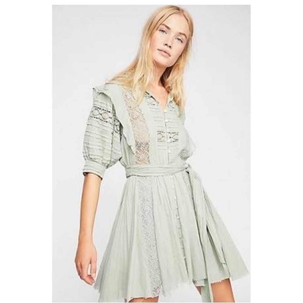 Free People Sydney Mint Green Mini Boho Dress Lace Button Front Balloon Sleeve M - Picture 10 of 10